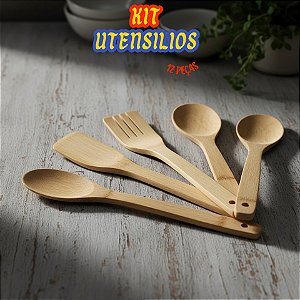 Kit Conjunto De Utensílios Bambu 5 Peças Colher De Pau Artesanal Cozinha Moderna