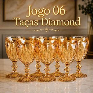Conjunto 06 Taças Copo Diamond Dourado Ambar 260ml Luxo Jogo De Taças Suco Vinho Mesa Posta Elegante
