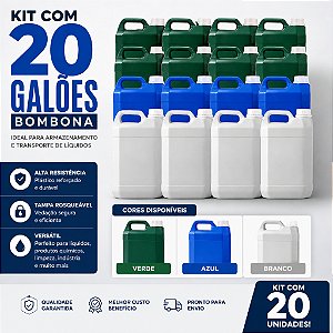 Galão Bombona Plástico 5 Litros Kit 20 Unidades Verde Azul Ou Banco Ideal para Água e Produtos Limpeza