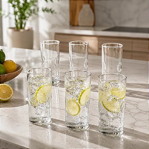 Jogo 06 Copos Vidro Marbella Luxo 370ml Drink Suco Copo Alto Vidro