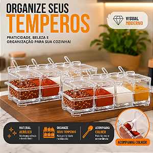 Kit 2 Porta Temperos 4 em 1 com Colher Acrílico Organizador para Sal Açúcar e Especiarias