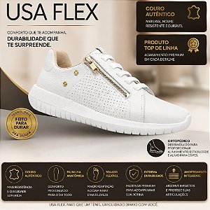 Tênis Feminino UsaFlex Em Couro Original Legitimo Tênis Ortopédico Calce Fácil Branco Ziper Elegante