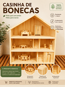Casinha de bonecas mobiliada em madeira de pinus