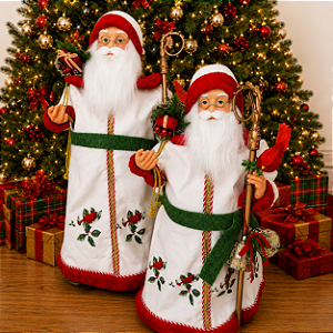 Papai Noel Decorativo com cajado e cardeal em pé 80 cm