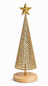 Árvore Decorativa em Metal Dourado com Base de Madeira 60 cm