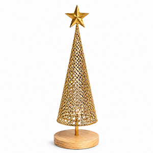 Árvore Decorativa em Metal Dourado com Base de Madeira 60 cm