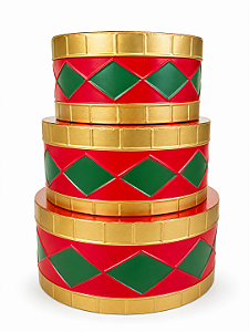 Kit de Tambor Decorativo em Metal Vermelho e Verde – 3 Peças