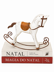 Cavalinho de Balanço Vintage Retrô em Madeira Bege e Branco 22 cm