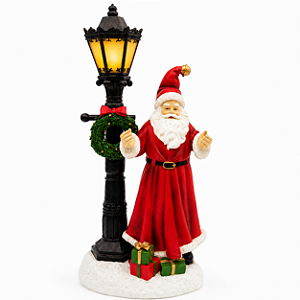 Papai Noel com Poste Iluminado em Resina 38 cm | Iluminação LED a Pilha