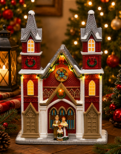 Igreja Natalina em Resina com LED 28 cm