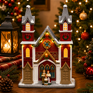 Igreja Natalina em Resina com LED 28 cm