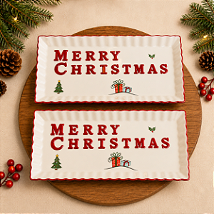 Travessa Retangular em Cerâmica "Merry Christmas" 35 cm