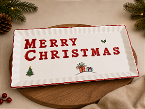Travessa Retangular em Cerâmica "Merry Christmas" 38 cm