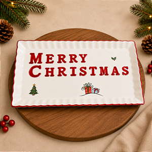 Travessa Retangular em Cerâmica "Merry Christmas" 38 cm