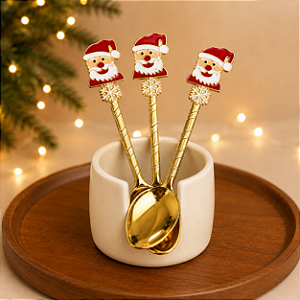 Kit com 6 Colheres de Natal em Metal Dourado Árvore de Natal e Papai Noel 11 cm