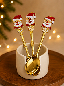Kit com 6 Colheres de Natal em Metal Dourado Árvore de Natal e Papai Noel 11 cm