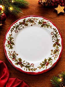 Prato Raso em Melamina com Estampa de Azevinhos Natalinos - 28cm