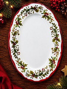 Travessa Oval em Melamina com Azevinhos Natalinos – 35 x 26 cm
