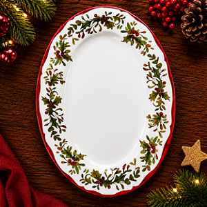 Travessa Oval em Melamina com Azevinhos Natalinos – 35 x 26 cm