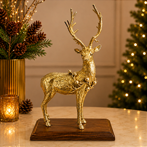 Rena Decorativa de Natal em Resina Dourada Fosca com Detalhes em Prata Envelhecido 48,5 cm