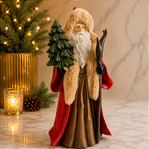 Papai Noel Decorativo em Resina 42 cm com Detalhes em Pelúcia, Árvore de Natal e Cajado