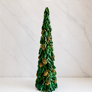 Árvore de Natal Decorativa em Resina 48 cm com Folhas Verdes e Pinhas Douradas