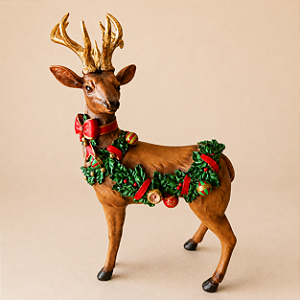 Rena Decorativa em Pé em Resina 40 cm com Guirlanda de Folhas, Enfeites Natalinos e Galhadas Douradas | Decoração Natalina Premium | Delicare Home