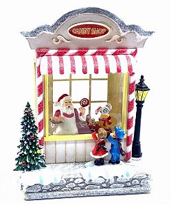Loja Candy Shop Natalina com LED, Música e Movimento em Resina 22,5 cm | Vila Natalina Iluminada | Decoração de Natal Premium | Delicare Home