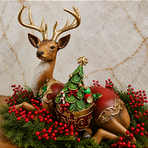 Rena Majestosa Sentada em Resina 80 cm com Árvore de Natal Decorada