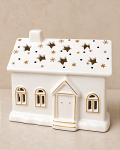 Casa Chalé Baixo Decorativo em Cerâmica Branca com Detalhes Dourados para Vela ou LED 20 x 18 cm | Casa Natalina Estilo Escandinavo | Delicare Home