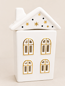 Casa Chalé Alto em Cerâmica Branca com Detalhes Dourados para Vela ou LED 25 x 13 cm | Casinha Natalina Estilo Escandinavo | Decoração de Natal Premium | Delicare Home