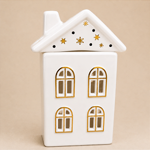 Casa Chalé Alto em Cerâmica Branca com Detalhes Dourados para Vela ou LED 25 x 13 cm