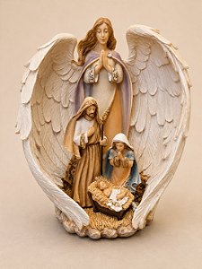 Presépio Sagrada Família com Anjo em Resina 32 cm | Escultura Religiosa com Asas Protetoras | Decoração de Natal Cristã Premium | Delicare Home
