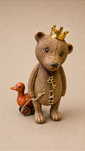 Urso Decorativo em Resina com Coroa Dourada e Patinho 13 cm | Escultura Infantil Vintage | Decoração Premium | Delicare Home