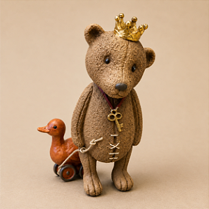 Urso Decorativo em Resina com Coroa Dourada e Patinho 13 cm