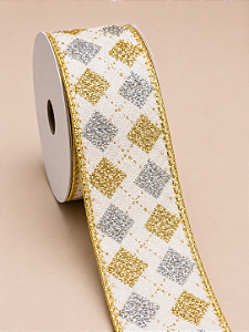 Fita Aramada Veludo Branco com Losangos Dourado e Prata em Glitter 3,8 cm x 9,14 m | Delicare Home