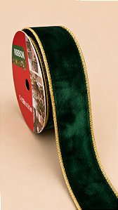 Fita Aramada em Veludo Verde 4,5 cm x 9,14 m | Acabamento Dourado | Delicare Home