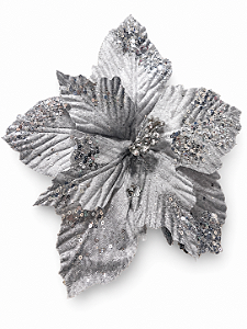 Flor Bico de Papagaio em Veludo Prata com Lantejoulas nas Pontas 25 x 44 cm | Flor Decorativa Natalina Premium para Árvore de Natal | Delicare Home