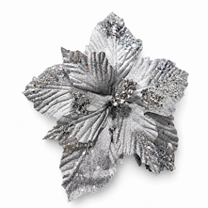 Flor Bico de Papagaio em Veludo Prata com Lantejoulas nas Pontas 25 x 44 cm | Flor Decorativa Natalina Premium para Árvore de Natal | Delicare Home