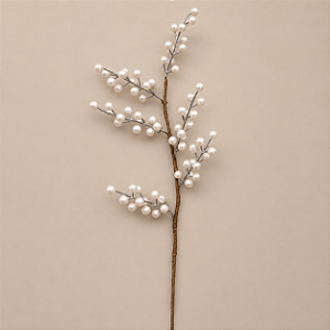 Galho de Berries Brancas Peroladas – 55 cm | Haste Decorativa Natalina