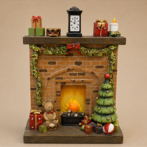 Lareira Decorativa de Resina com LED 25 cm | Lareira Natalina Iluminada com Árvore, Guirlanda e Presentes | Decoração de Natal Premium | Delicare Home