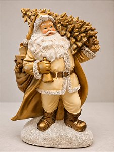 Papai Noel Decorativo em Resina com Árvore de Natal LED 39 cm | Papai Noel Dourado Premium com Iluminação para Decoração de Natal | Delicare Home