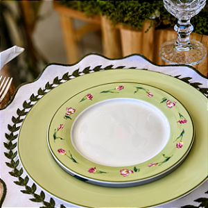 Prato de Sobremesa em Porcelana com Mini Tulipas e Borda Verde – 21 cm
