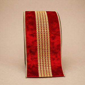 Fita Aramada de Veludo Vermelho com Aplique Dourado e Verso Champagne – 10 cm