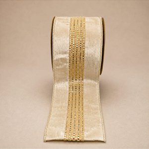 Fita Aramada Dupla Face Bege e Champagne com Aplique – 10 cm