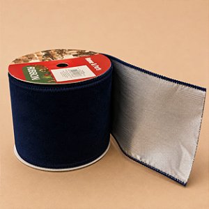 Fita Aramada Dupla Face de Veludo Azul-Marinho e Prata – 10 cm x 9,14 m
