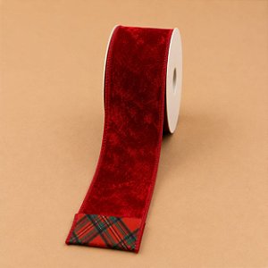 Fita Aramada Dupla Face de Veludo Vermelho e Xadrez Tartan – 6,3 cm x 9,14 m