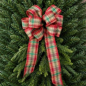 Laço Grande de Natal 5 Pontas Xadrez Vermelho e Verde com Dourado 30 x 80 cm