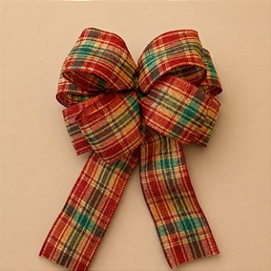 Laço Duplo Pronto de Natal Xadrez Vermelho e Verde com Dourado 24 x 30 cm