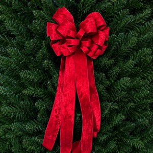 Laço Grande para Topo de Árvore de Natal em Veludo Vermelho 6 Pontas 38 x 90 cm